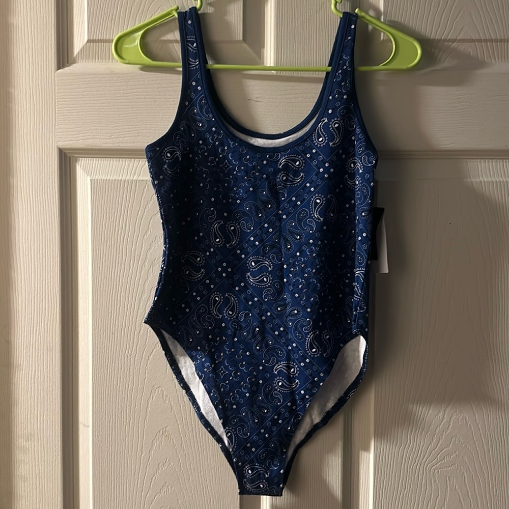 IML ISSAC MORRIS BLUE BANDANA PRINT BODYSUIT: NEW WITH TAGS: SIZE SMALL